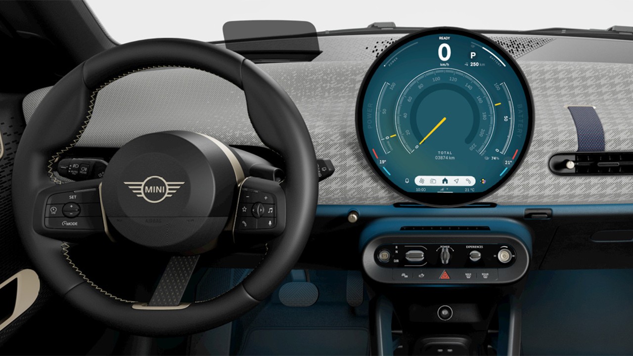 View of all-electric MINI Cooper armrest with Beige seats